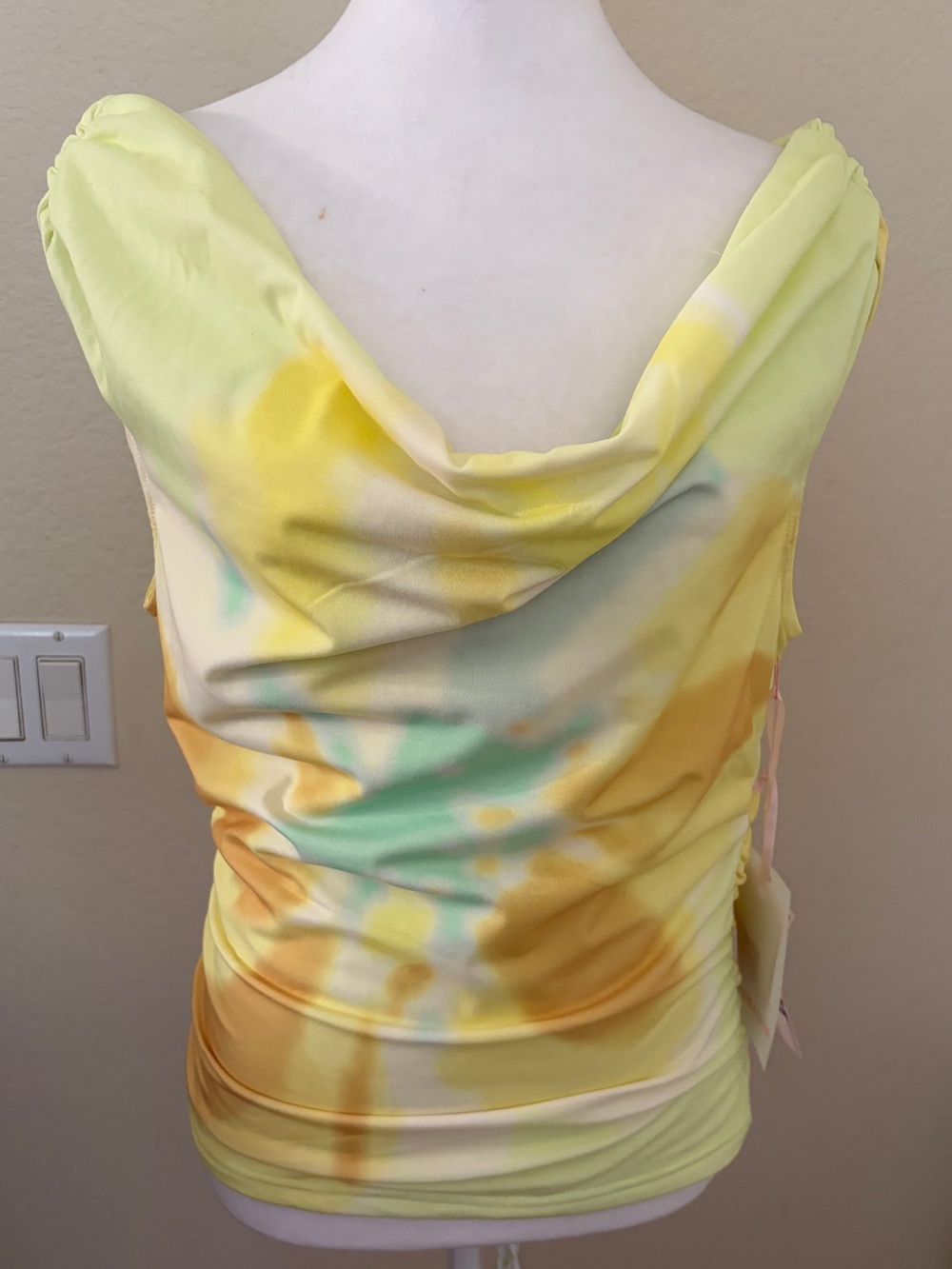 Viora Lane Cowl Neck Off Shoulder Sleeveless Top in Yellow Tie-Dye